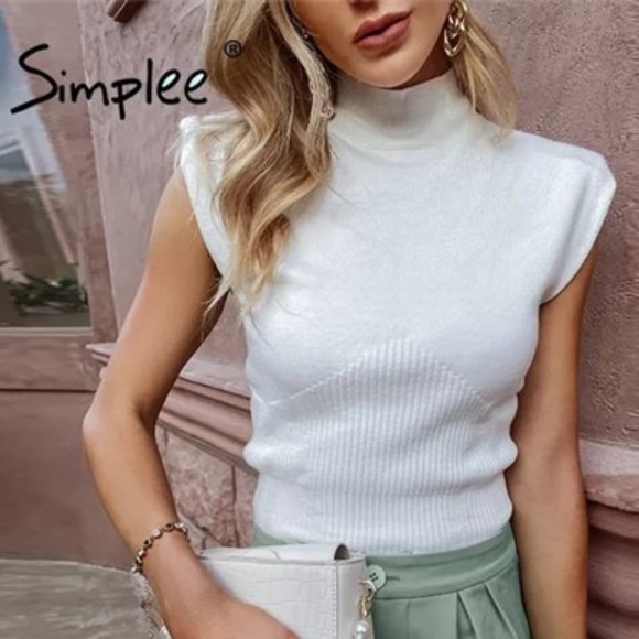 NWT Knit White Shoulder Pad High Neck Top - Picture 1 of 7
